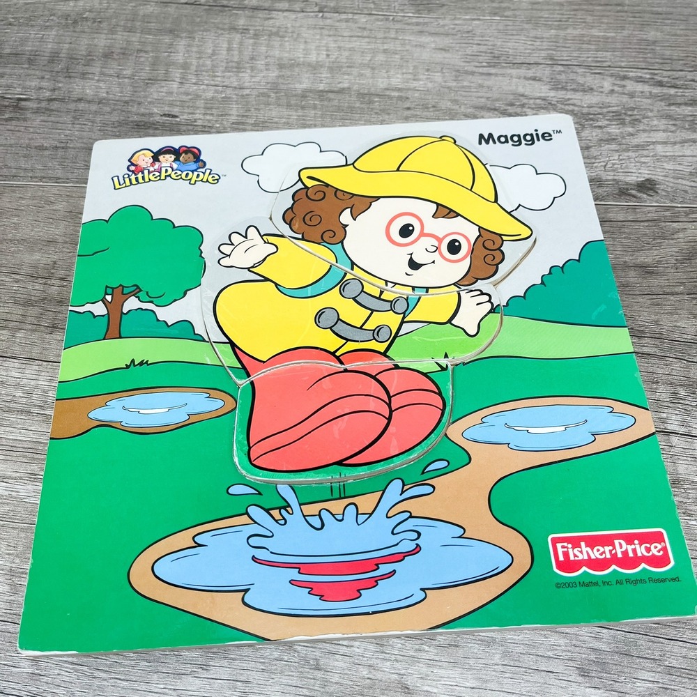 Fisher Price Little People Maggie Wooden Puzzle 2003 Vintage Raincoat Puddles
